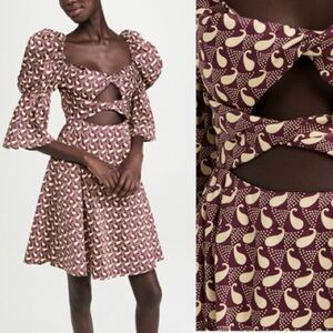 Autumn Adeigbo Jovie Dress Burgundy & Cream Paisley Print cut out puff sleeve 6